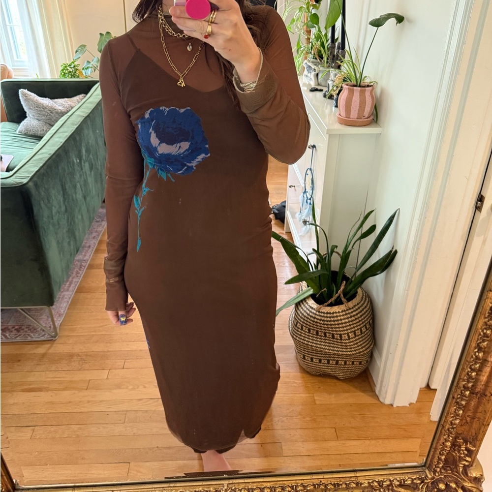 Brown Long Sleeve Dress with Blue Floral Design